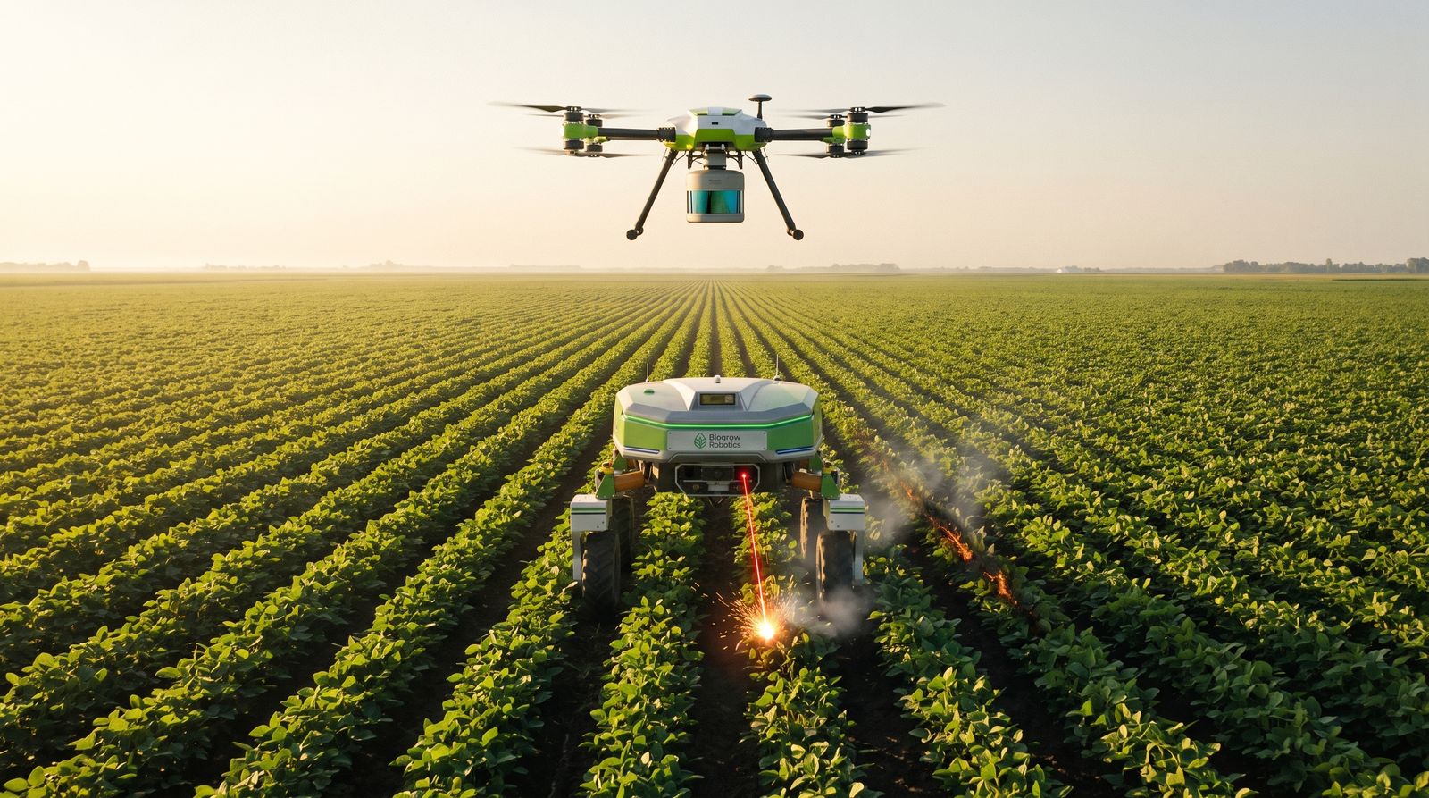 A LIDAR survey drone flying above a soybean field while the ground robot works the rows below.