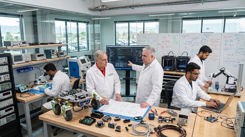 Engineers working on the robot's electronics and optics in the Biogrow engineering laboratory.