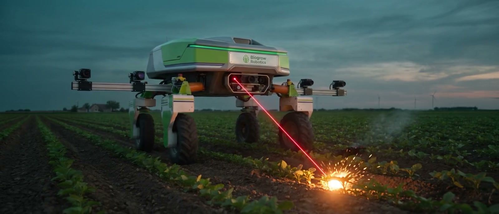 The Biogrow ground robot straddling soybean rows at dawn, firing a red laser pulse at a weed between the plants.