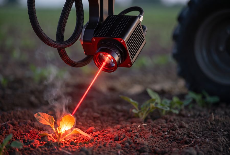 Close-up of the laser optics head under the robot chassis, firing a focused red beam at a weed seedling.