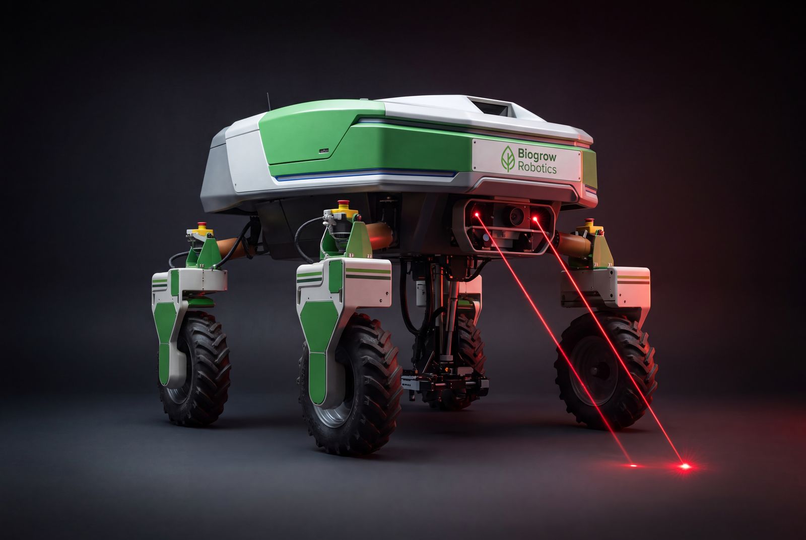Three-quarter studio view of the Biogrow four-wheel high-clearance autonomous weeding robot.