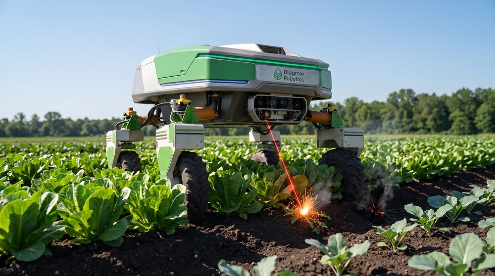 The robot treating a weed between rows of leafy vegetables.